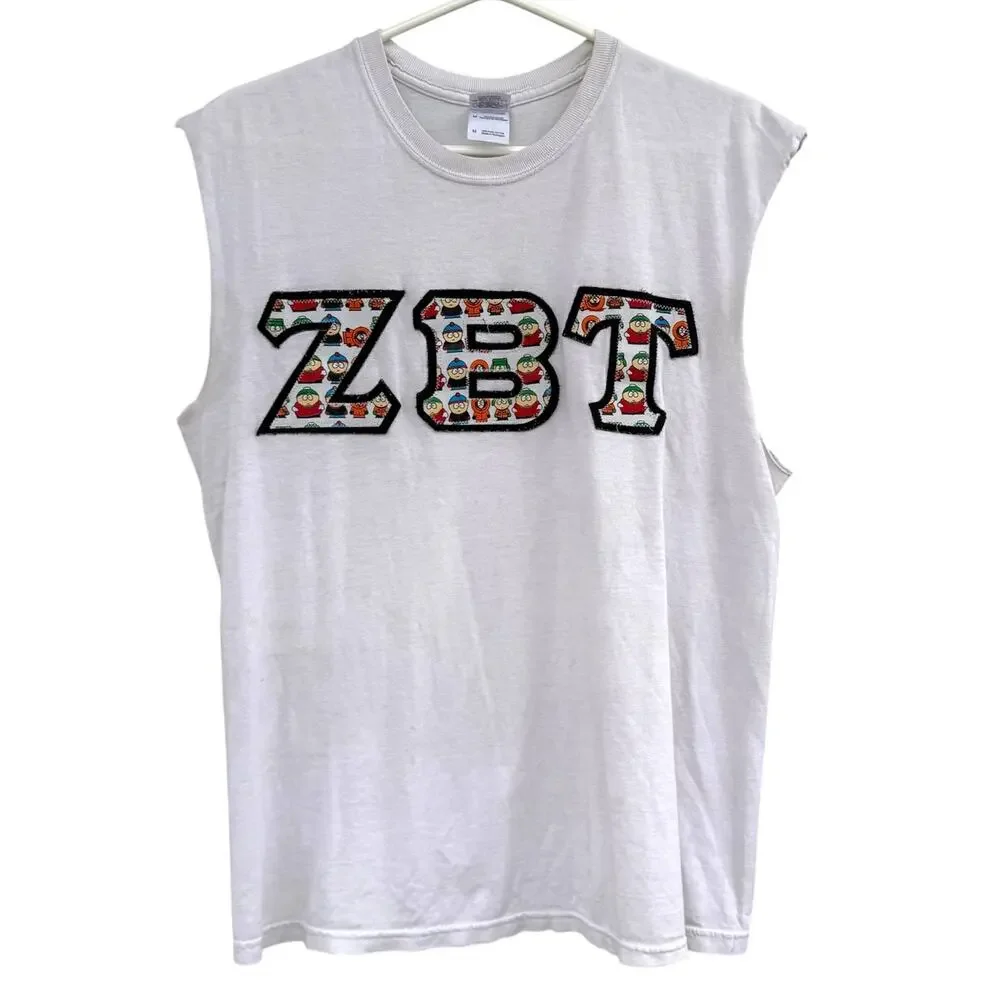 ZBT Embroidered South Park Zeta Beta Tau Tank Top Cut Off T-Shirt Mens Medium - Picture 1 of 7